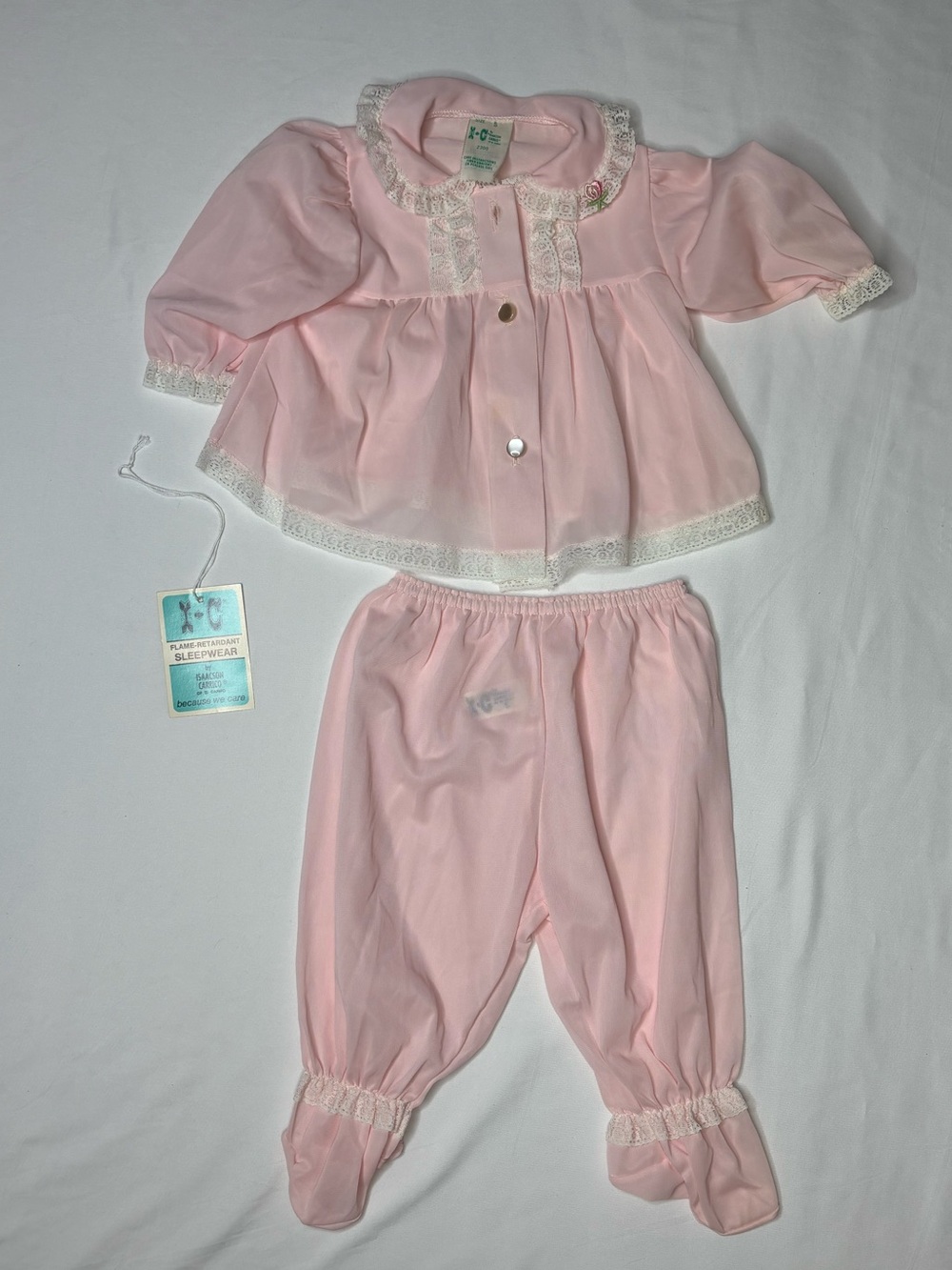 NWT Vintage Classic Pink Baby Pajama Set with Lace Trim